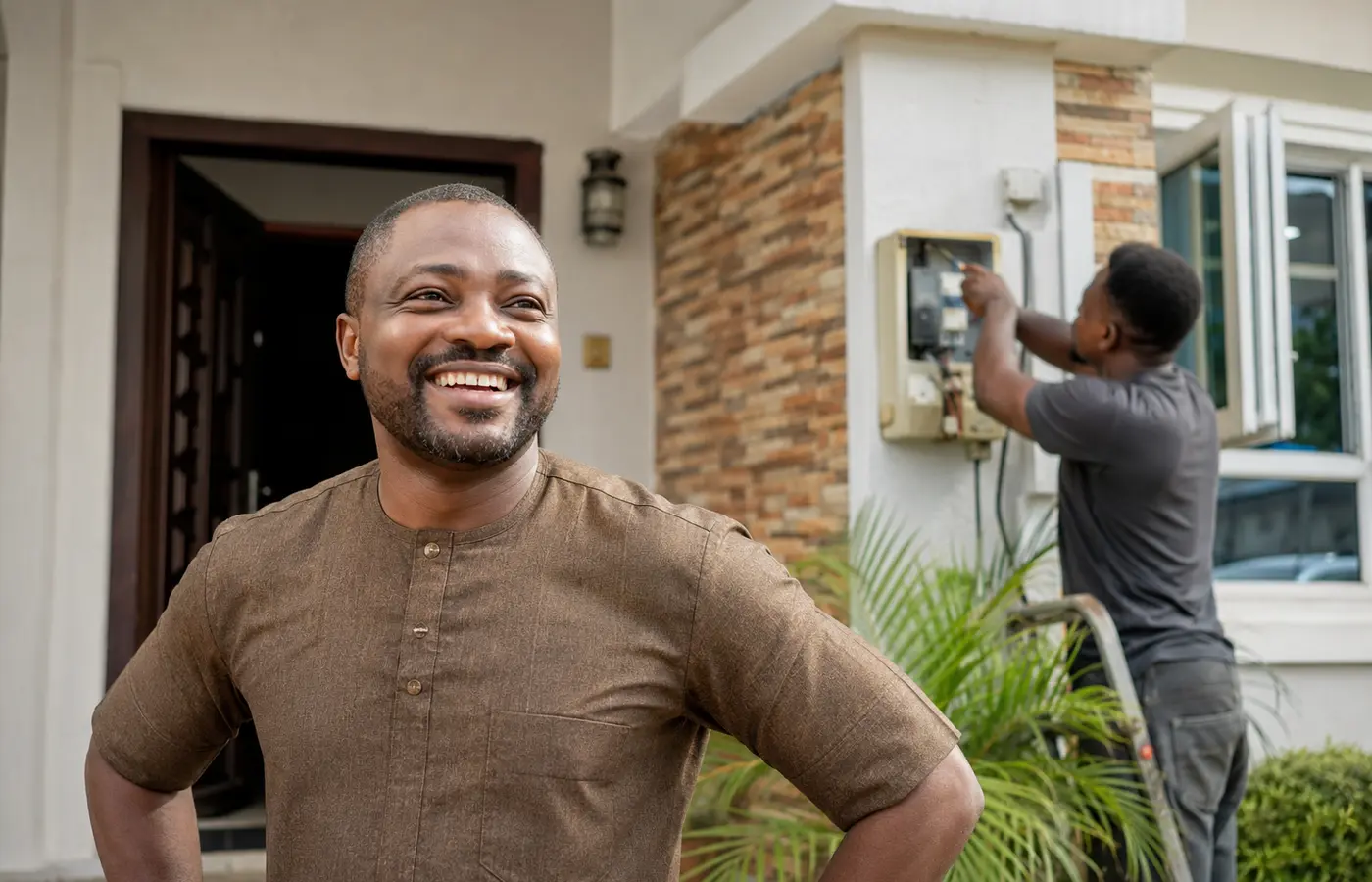 Smiling Nigerian homeowner after electrical service