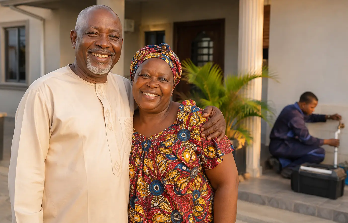 Happy older Nigerian couple after plumbing support