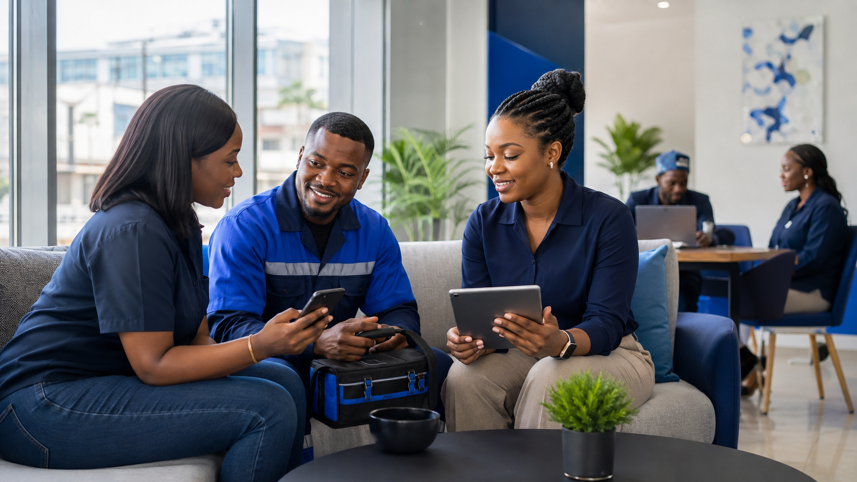 A customer, support specialist and local professional solving a problem together